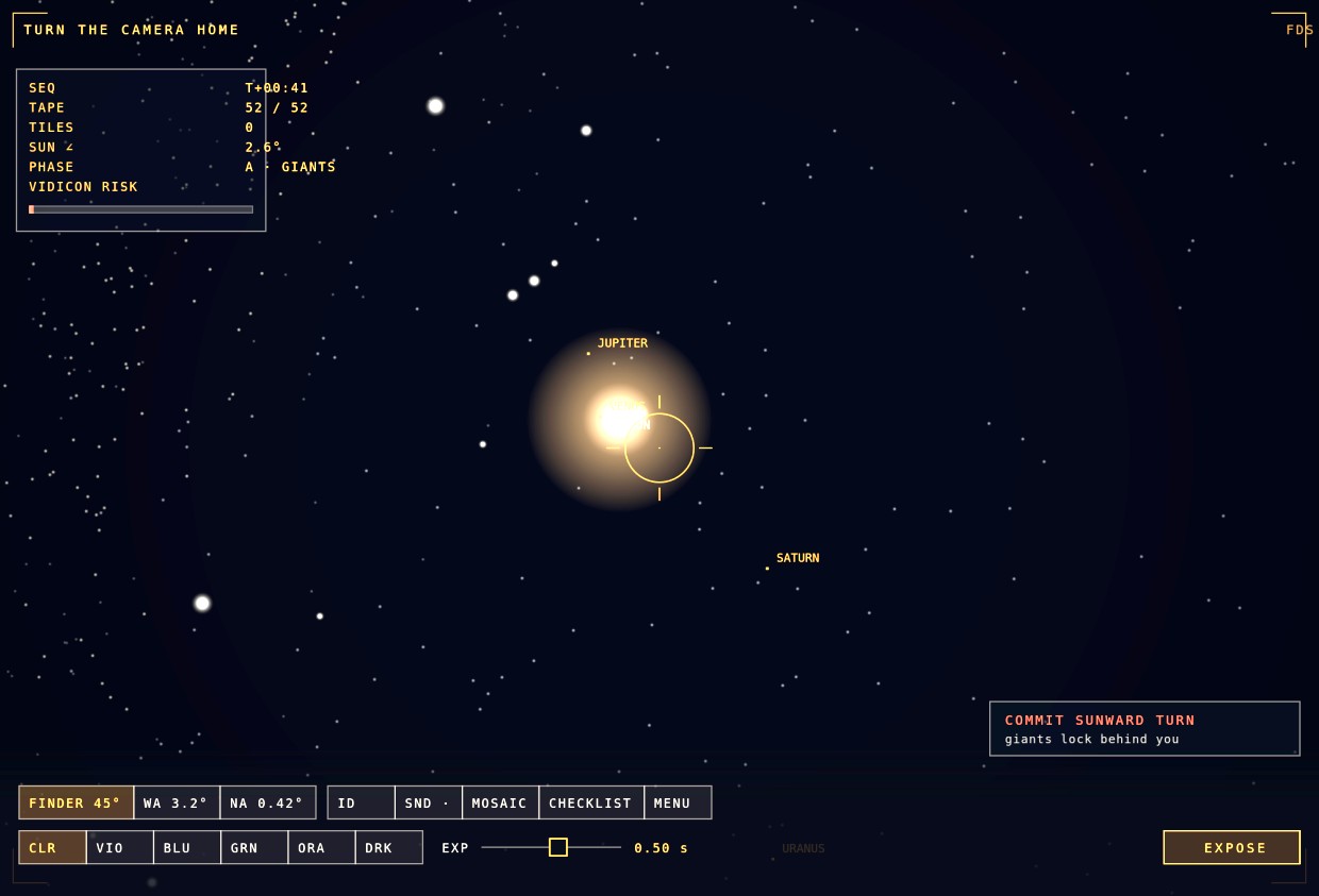 Wide finder view of the sky with the Sun's glow and labelled planets