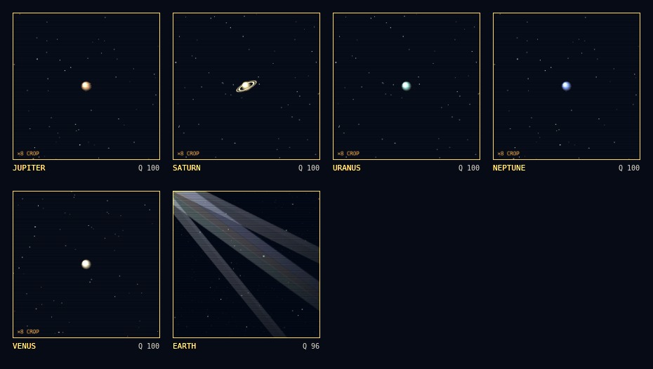 Contact sheet of narrow-angle frames showing Jupiter, Saturn, Uranus, Neptune, Venus and Earth